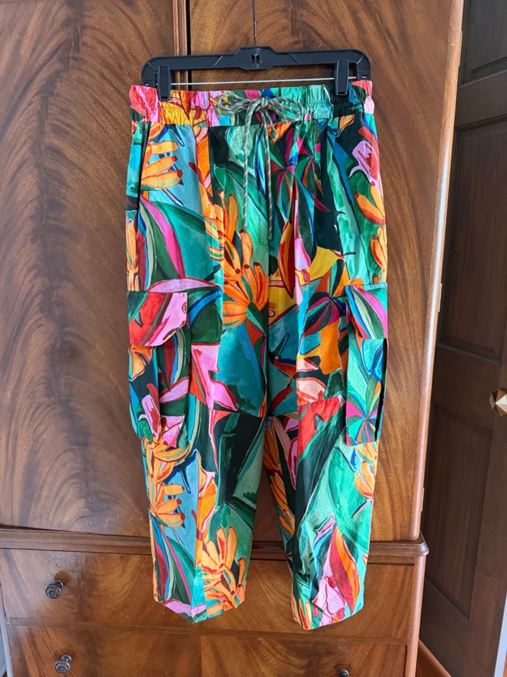 FARM Rio Colorful Tropical Print Balloon Pants with Drawstring and Cargo Pockets